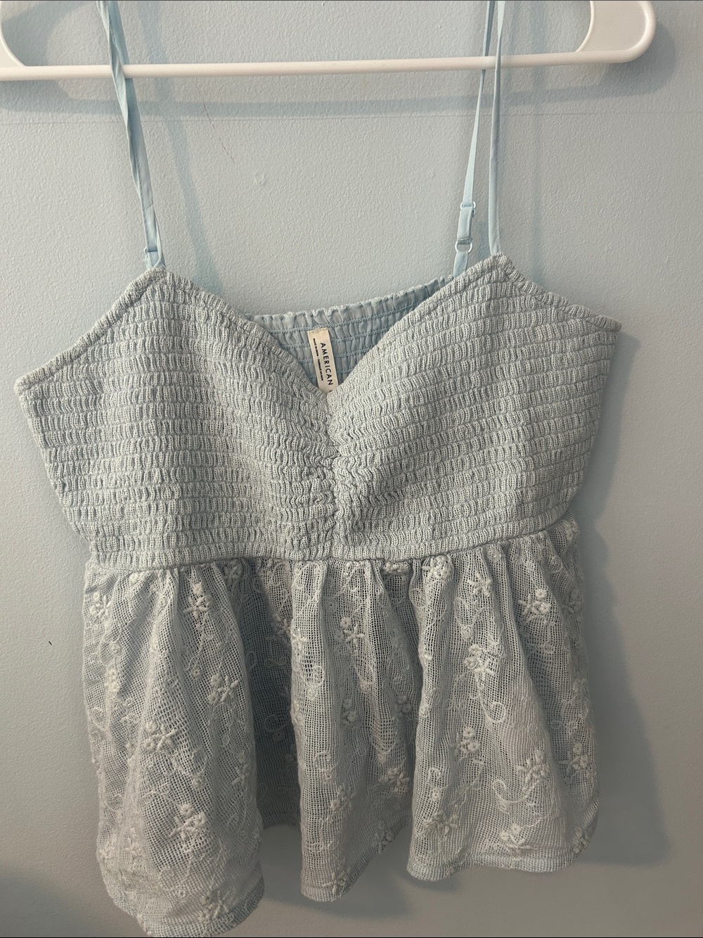 American Eagle Babydoll Light Blue Lace-Trim Smocked Camisole Top